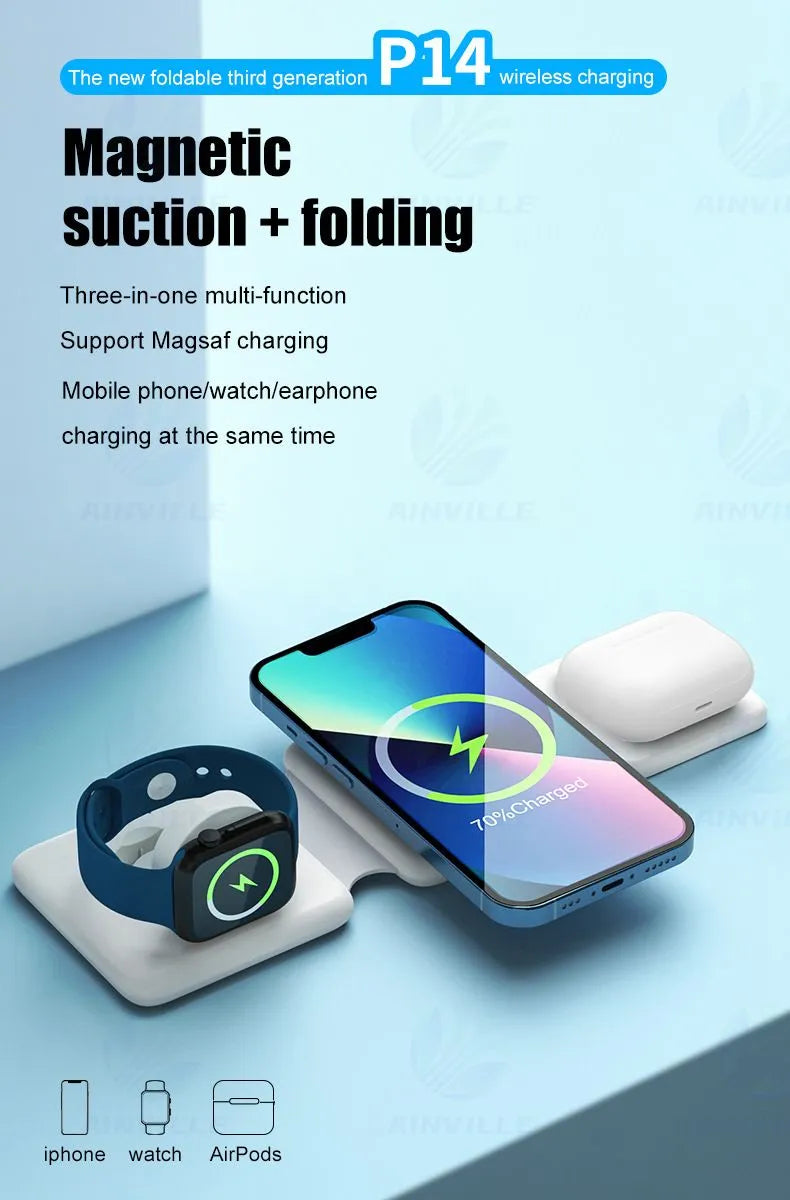 15W 3 in 1 Magnetic Wireless Charger Phone Induction Fast Charging Stand for Phone