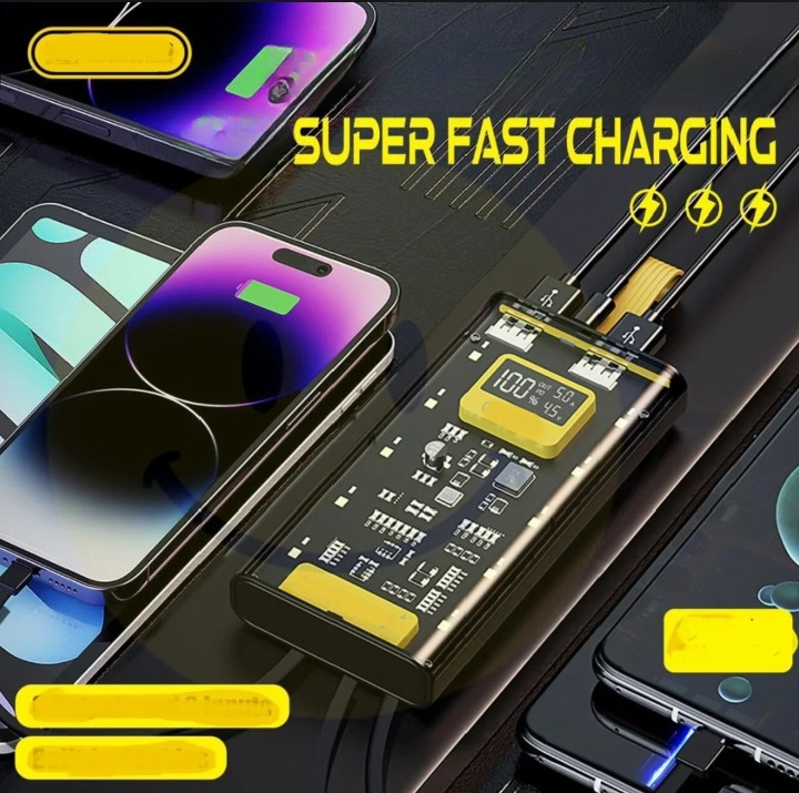 20,000mah Transparent Power Bank With LED Light | Fast Charging Portable Power Bank With Dual USB Output And Smart Display