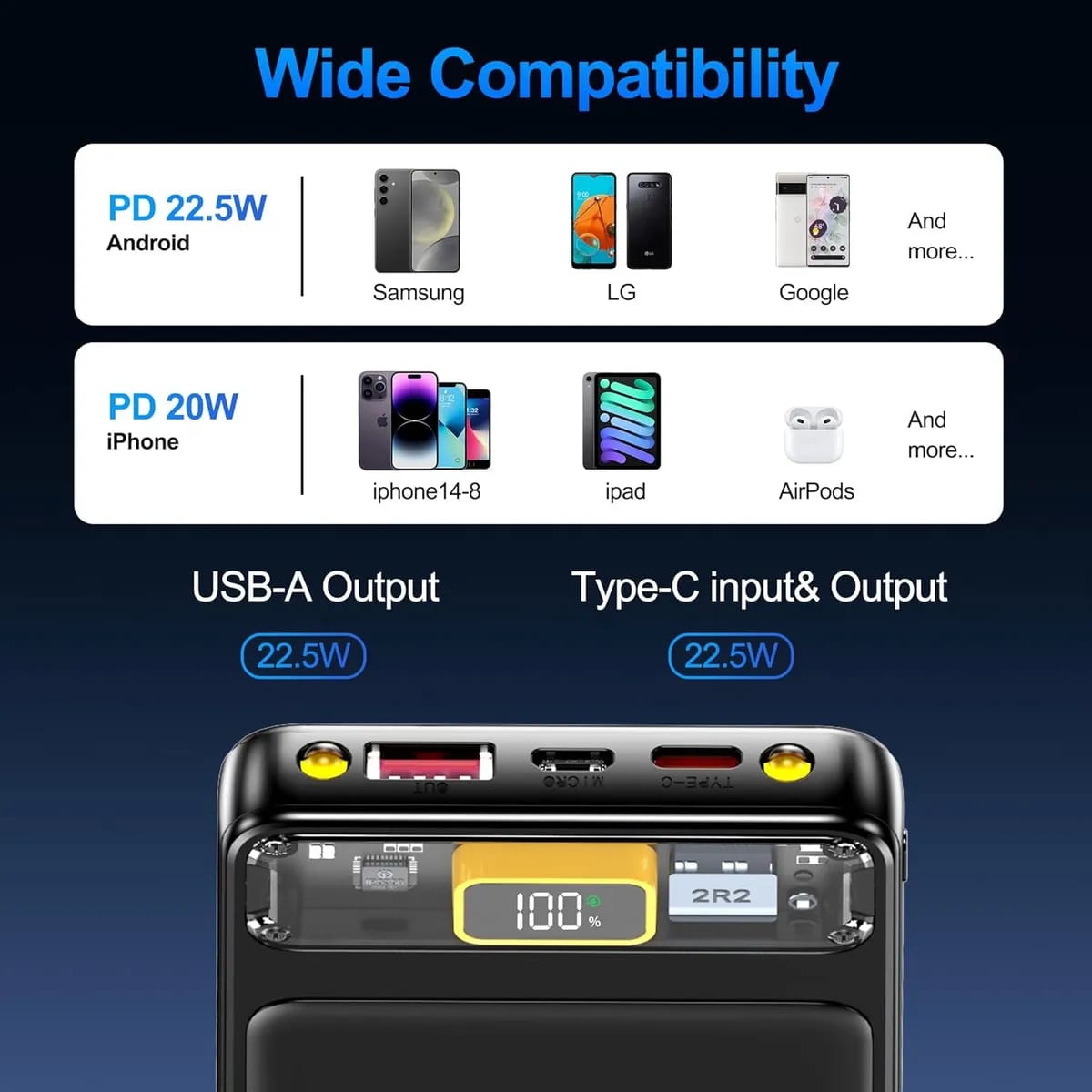 10000Mah Power Bank Slim Portable Charger Pd 22.5W Fast Charging 5V 3A Usb-C Output Battery Pack With Emergency Lighting Compatible