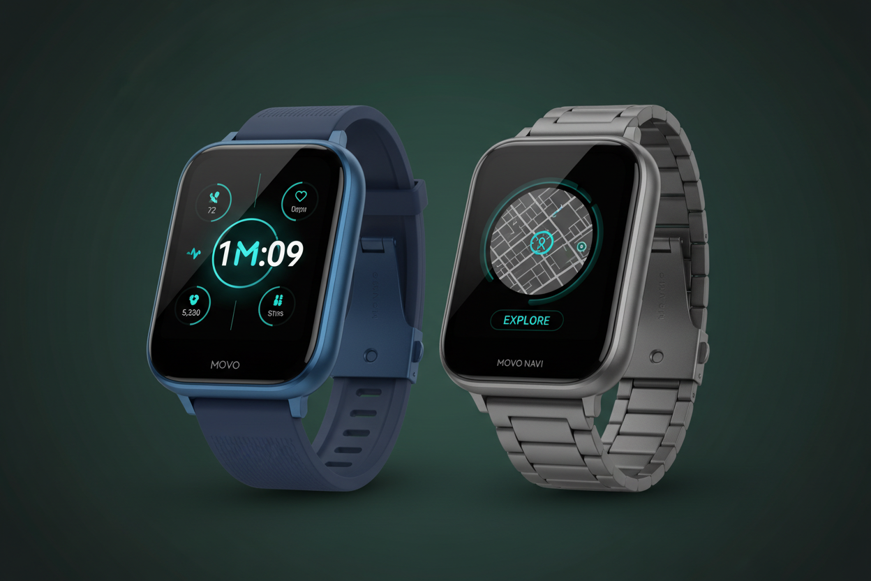 2 smart watches in blue and gray color and with background dark green movo store