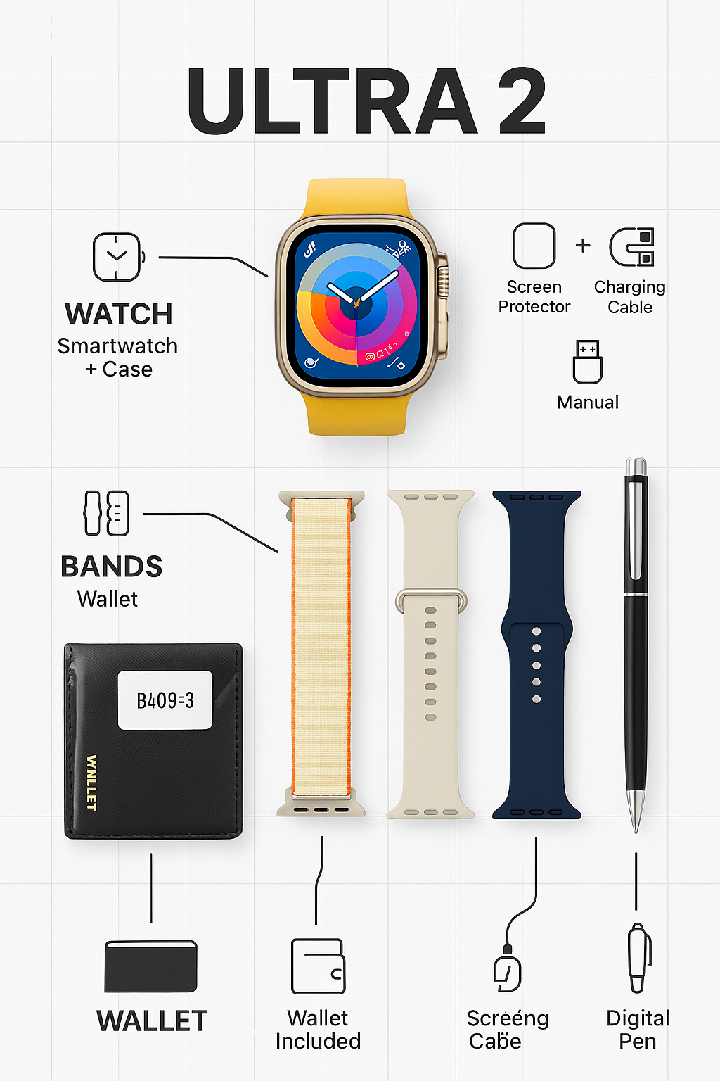 S200 Smart Watch – Full Display with Original Strap, Wallet Feature & Protective Cover