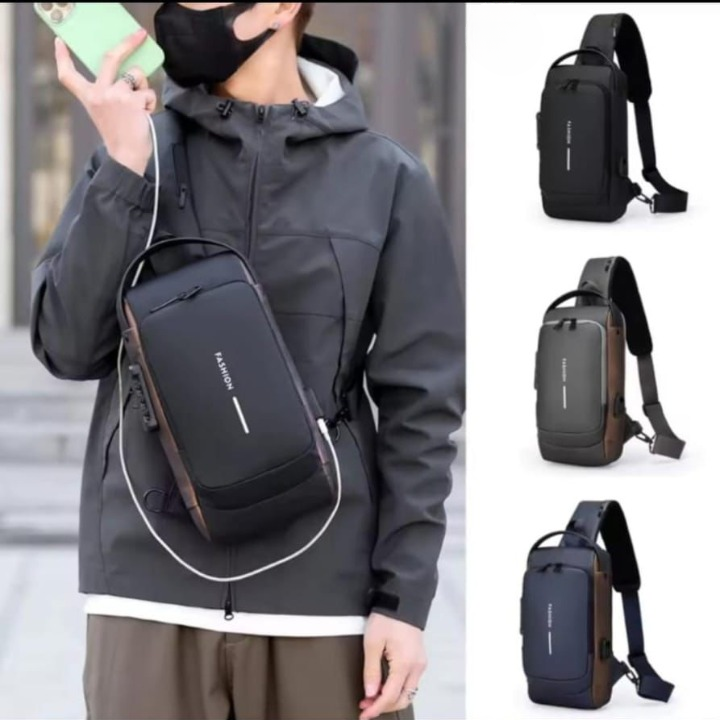 Waterproof Chest Bag - Fashion Men Sling Bag Pack with Lock Waterproof Anti-Theft Chest Bag with USB Charging Port Shoulder Bag Body Backpack with TSA Lock