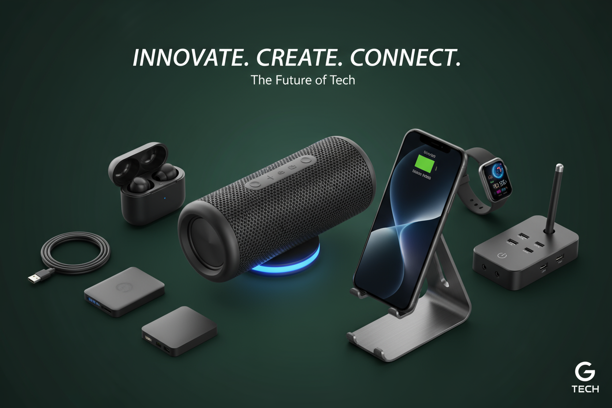 banner of speaker , gageds , mobile holder, with green dark background