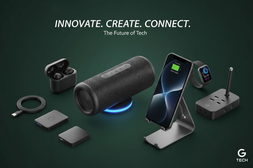 banner of speaker , gageds , mobile holder, with green dark background