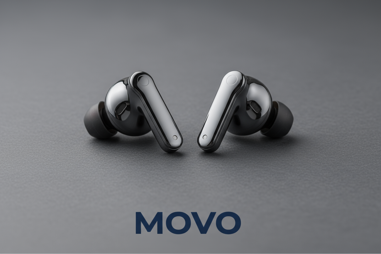earbuds with grey background write MOVO in the bottom with dar blue color and the picture must be 1170 *70 px