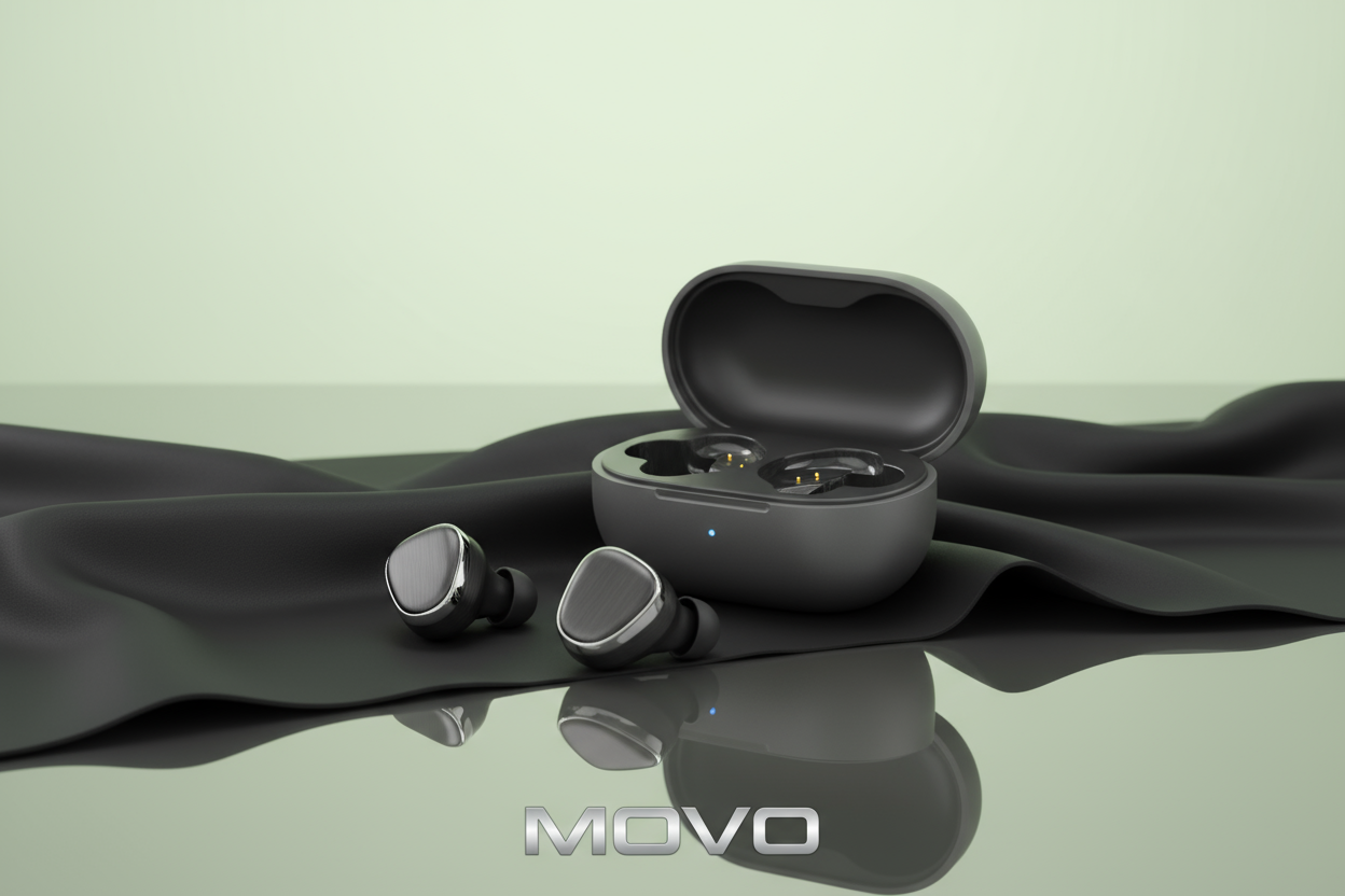 earbuds with their boc in black or grey color and write movo in the botton as title and light green bacground  do more professional and luxury