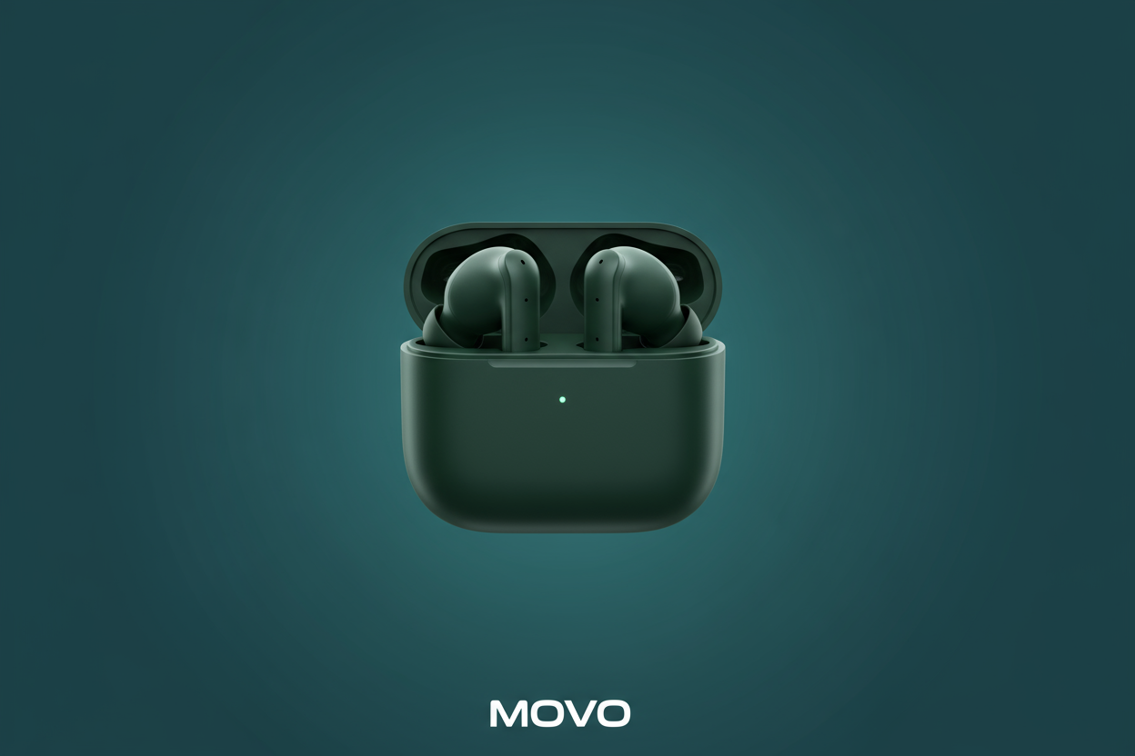 green dark color earbuds with teal back ground and wite movo in the botton with white