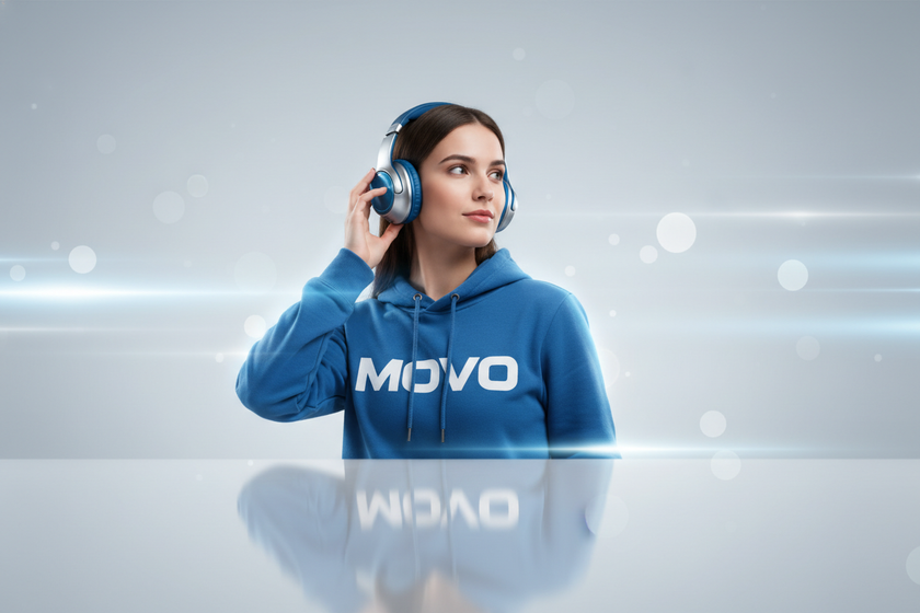 make banner with ai colors of headphine in multi girl wearing hoodie of blue color and write movo on the hoodie with white and also make the background ligt shiny grey