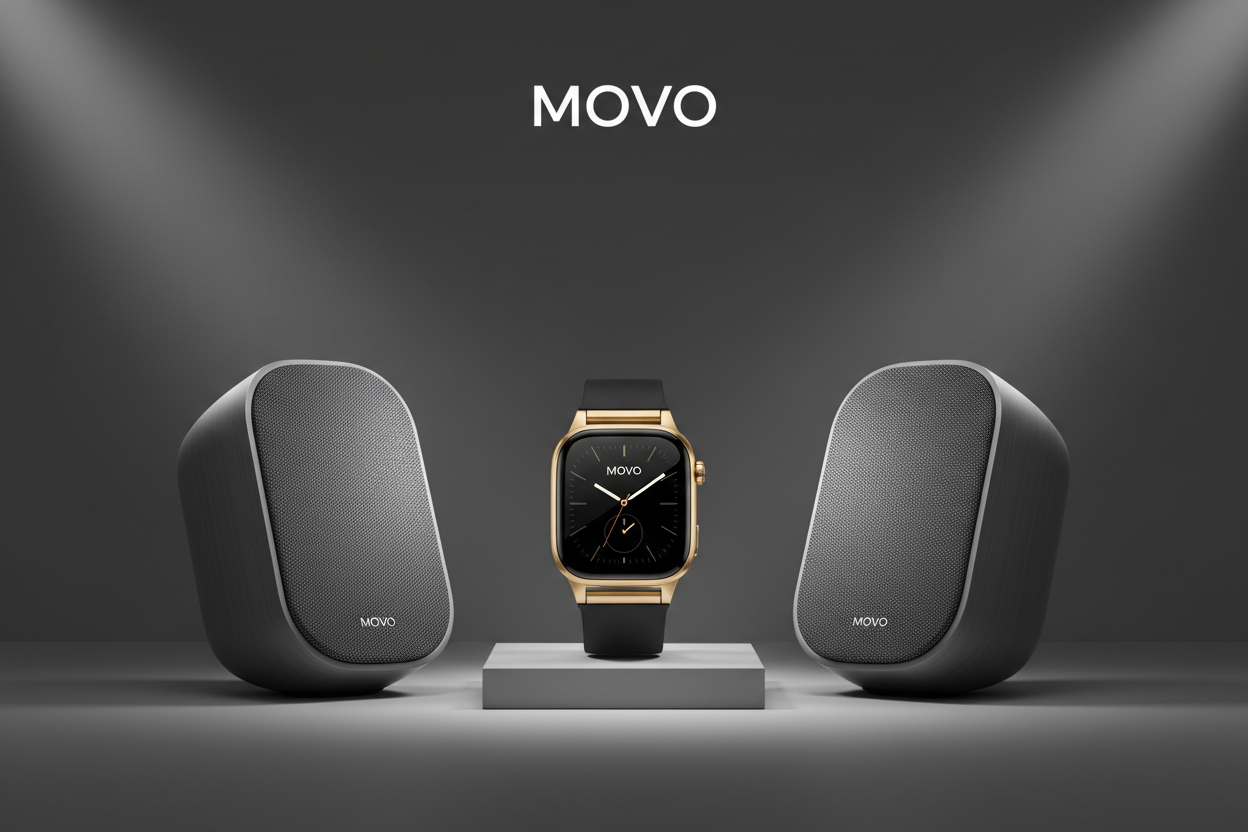small speakers and ultra watch with grey backfround banner for mobile and destop movo with white  make luxury