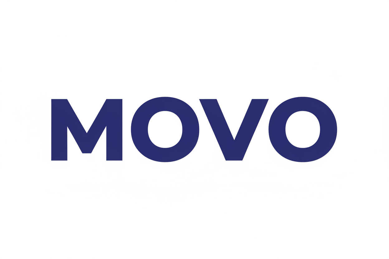 write MOVO with dark blue color and bacground white'